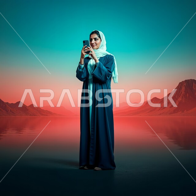 إجراء مكالمة فيديو، التقاط صور السيلفي التذكارية، الاهتمام بالأناقة و المظهر الخارجي، أزياء محجبات عصرية راقية، شابة عربية خليجية سعودية محجبة مبتسمة تضع غطاء الرأس ترتدي العباءة الزرقاء تمسك بيدها جهاز الهاتف المحمول، صورة الجسم بالطول الكامل، خلفية الصحراء