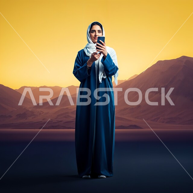 إجراء مكالمة فيديو، التقاط صور السيلفي التذكارية، الاهتمام بالأناقة و المظهر الخارجي، أزياء محجبات عصرية راقية، شابة عربية خليجية سعودية محجبة مبتسمة تضع غطاء الرأس ترتدي العباءة الزرقاء تمسك بيدها جهاز الهاتف المحمول، صورة الجسم بالطول الكامل، خلفية الصحراء