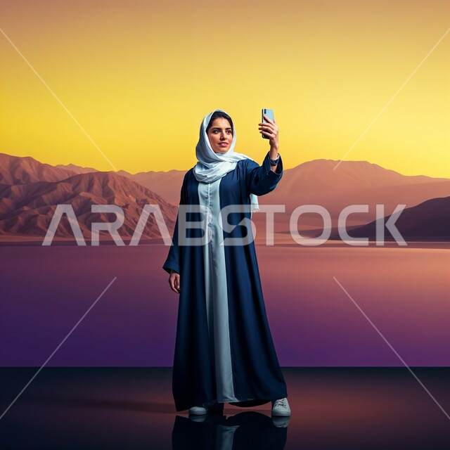 Making a video call, taking souvenir selfies, caring about elegance and appearance, modern and elegant veiled fashion, smiling veiled Saudi Arabian Gulf young woman wearing a headscarf, wearing a blue abaya, holding a mobile phone in her hand, full body image, desert background