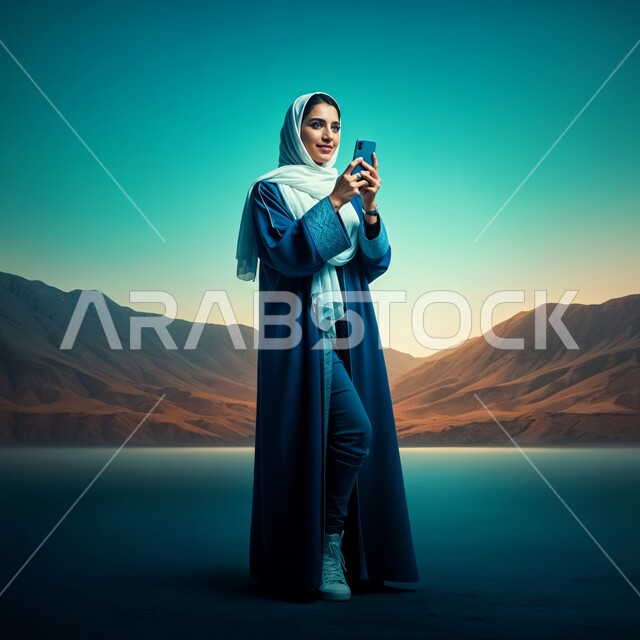 Taking souvenir selfies, making a video call, taking care of elegance and appearance, modern high-end veiled fashion, smiling veiled Saudi Arabian Gulf young woman wearing a headscarf, wearing a blue abaya, holding a mobile phone in her hand, full-length body image, desert background