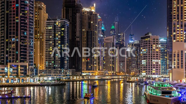 Towers and skyscrapers in the United Arab Emirates, the advanced architecture of commercial and residential facilities overlooking the port, famous tourist attractions, the growth and urban development of the Emirates