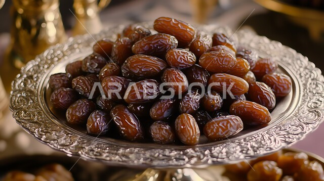 وجبة ذات قيمة غذائية عالية، صورة مقربة لطبق من الفضة مليء بحبات التمر الصحي، ضيافة رمضانية تقليدية، أنواع التمور المتميزة في المملكة العربية السعودية، سناكات صحية مفيدة, منتجات وطنية محلية سعودية, كرم الضيافة وحسن الاستقبال