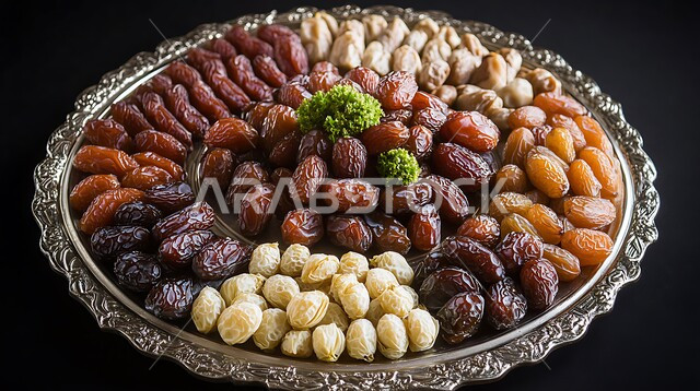 وجبة ذات قيمة غذائية عالية، صورة مقربة لطبق من الفضة مليء بحبات التمر الصحي، ضيافة رمضانية تقليدية، أنواع التمور المتميزة في المملكة العربية السعودية، سناكات صحية مفيدة, منتجات وطنية محلية سعودية, كرم الضيافة وحسن الاستقبال