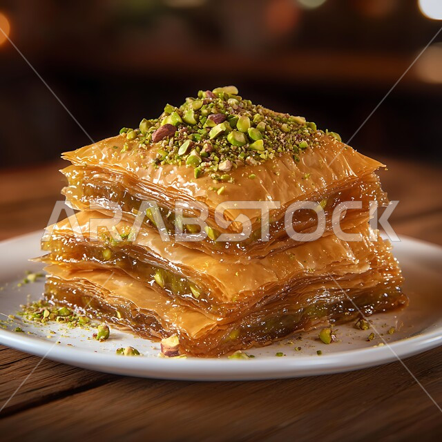 Saudi dessert with pistachios and nuts, a plate of oriental Arabic sweets, foods rich in sugars and calories, delicious pieces of baklava, hospitality in the Kingdom of Saudi Arabia, local national products