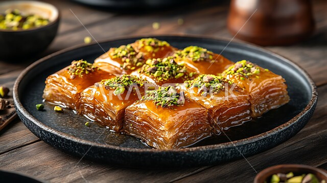 Saudi dessert with pistachios and nuts, a plate of oriental Arabic sweets, foods rich in sugars and calories, delicious pieces of baklava, hospitality in the Kingdom of Saudi Arabia, local national products
