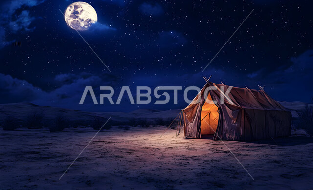 خيمة بدوية شعبية وسط الصحراء، التضاريس والرمال الذهبية الناعمة في الليل، التخييم في صحاري المملكة العربية السعودية, مخيمات سياحية في المناطق البرية، منظر السماء اللامعة بالنجوم والقمر المكتمل، كشتة و جلسة بر شبابية