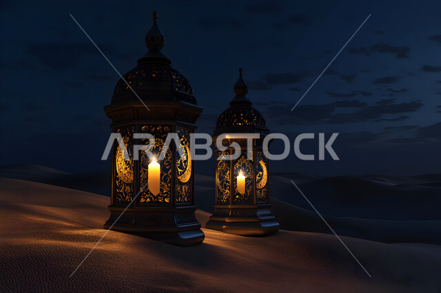 زينة وإضاءة الاعياد والمناسبات الدينية، الاستعداد لاسقبال شهر رمضان المبارك، منظر السماء في الليل، الكثبان الرملية والبيئة الصحراوية في المناطق البرية للمملكة العربية السعودية، فانوس معدني مزخرف مضيء وسط الرمال