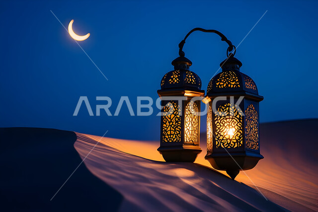 الاستعداد لاسقبال شهر رمضان المبارك، الكثبان الرملية والبيئة الصحراوية في المناطق البرية للمملكة العربية السعودية، منظر الهلال المضيء في السماء، فانوسان معدنيان مزخرفان مضيئان وسط الرمال، زينة وإضاءة الاعياد والمناسبات الدينية