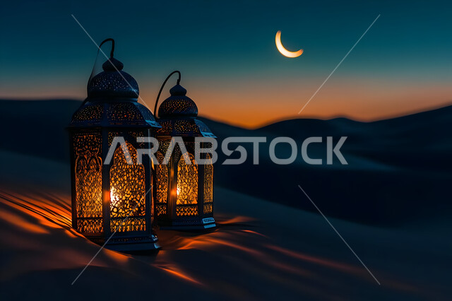 الاستعداد لاسقبال شهر رمضان المبارك، الكثبان الرملية والبيئة الصحراوية في المناطق البرية للمملكة العربية السعودية، منظر الهلال المضيء في السماء، فانوسان معدنيان مزخرفان مضيئان وسط الرمال، زينة وإضاءة الاعياد والمناسبات الدينية