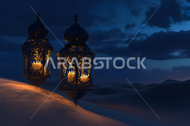 زينة وإضاءة الاعياد والمناسبات الدينية، الاستعداد لاسقبال شهر رمضان المبارك، منظر السماء في الليل، الكثبان الرملية والبيئة الصحراوية في المناطق البرية للمملكة العربية السعودية، فانوس معدني مزخرف مضيء وسط الرمال