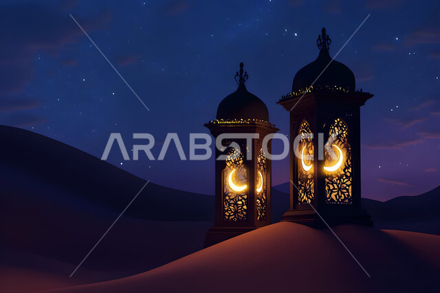 فانوسان معدنيان مزخرفان مضيئان وسط الرمال، زينة وإضاءة الاعياد والمناسبات الدينية، الاستعداد لاسقبال شهر رمضان المبارك، الكثبان الرملية والبيئة الصحراوية في المناطق البرية للمملكة العربية السعودية