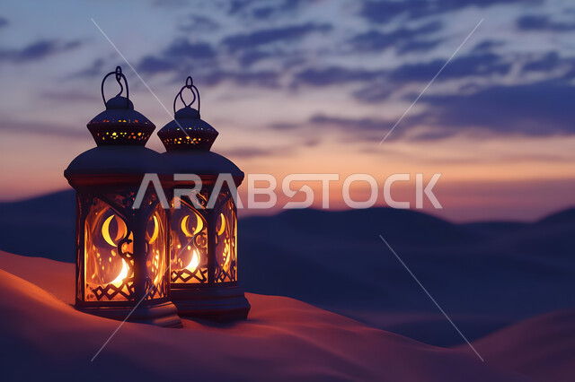 فانوسان معدنيان مزخرفان مضيئان وسط الرمال، زينة وإضاءة الاعياد والمناسبات الدينية، الاستعداد لاسقبال شهر رمضان المبارك، الكثبان الرملية والبيئة الصحراوية في المناطق البرية للمملكة العربية السعودية