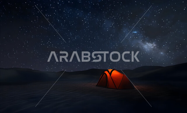 التخييم في صحاري المملكة العربية السعودية, مخيمات سياحية في المناطق البرية، منظر السماء اللامعة بالنجوم، كشتة و جلسة بر شبابية، خيمة بدوية شعبية وسط الصحراء، التضاريس والرمال الذهبية الناعمة في الليل