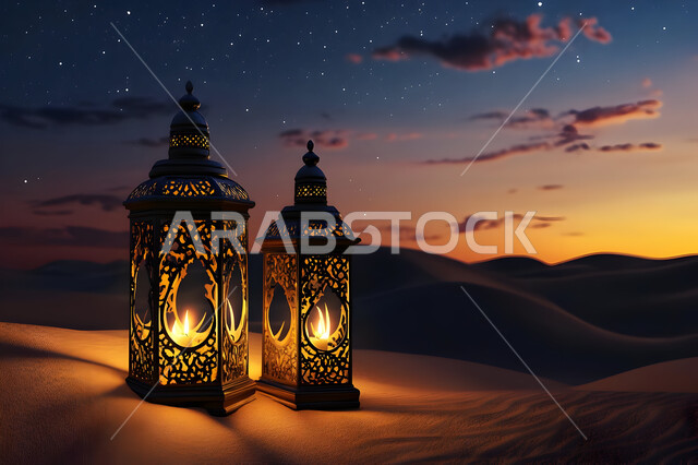 فانوسان معدنيان مزخرفان مضيئان وسط الرمال، زينة وإضاءة الاعياد والمناسبات الدينية، الاستعداد لاسقبال شهر رمضان المبارك، الكثبان الرملية والبيئة الصحراوية في المناطق البرية للمملكة العربية السعودية