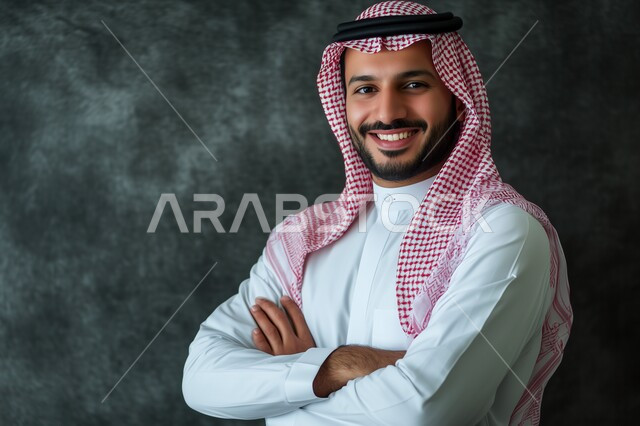 مفهوم الاهتمام بالمظهر الخارجي والرجولة والأناقة، بورتريه مقرب لرجل عربي خليجي سعودي مبتسم يرتدي الشماغ والثوب التقليدي يقف بأيدي متقاطعة ينظر إلى الكاميرا بإيماءات السعادة والسرور، لغة جسد تدل على الثقة والاعتزاز بالنفس، خلفية رمادية