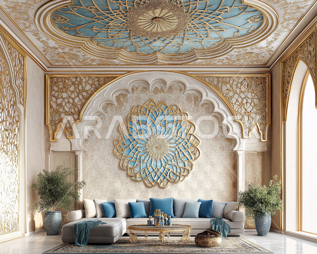 الديكورات الداخلية الراقية للفلل والشقق السكنية الحديثة في المملكة العربية السعودية، التصاميم المعمارية الإسلامية المميزة لغرف المعيشة، غرفة جلوس مع أثاث منزلي فاخر على الطراز الكلاسيكي العربي، إكسسوارات وتحف عصرية، التوازن بين الحداثة والتراث