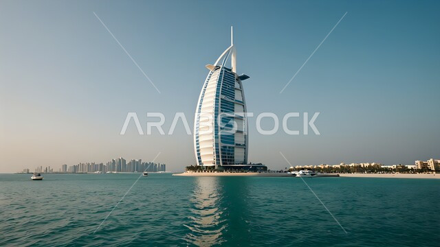 Famous tourist attractions, panoramic view of Burj Al Arab in Dubai, urban growth and development of towers and skyscrapers on the coast of the Arabian Gulf, distinctive modern architectural art in the United Arab Emirates, areas of attraction and attraction of tourists from all over the world