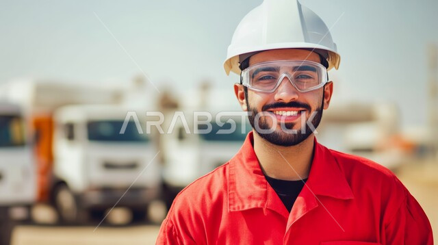Development and growth of the engineering sector in the Kingdom, supervising projects on the work site, close-up of a smiling Saudi Arabian Gulf engineer wearing a safety vest, helmet and goggles, looking at the camera with happy gestures, Saudi professions and jobs