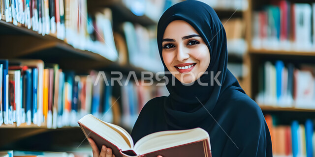 زيارة المكتبات الجامعية، البيئة التعليمية في المملكة العربية السعودية، مفهوم الأنوثة والنعومة، الاهتمام بالأناقة والمظهر الخارجي، صورة مقربة لفتاة عربية خليجية سعودية محجبة مبتسمة تحمل بيدها كتاب تنظر الى الكاميرا بإيماءات السرور