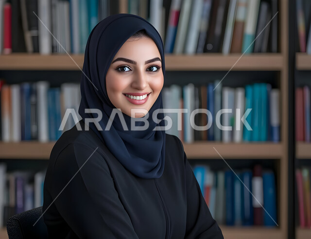 مفهوم الأنوثة والنعومة، الاهتمام بالأناقة والمظهر الخارجي، صورة مقربة لفتاة عربية خليجية سعودية محجبة مبتسمة تنظر الى الكاميرا بإيماءات السرور، الجلوس في المكتبات الجامعية، البيئة التعليمية في المملكة العربية السعودية