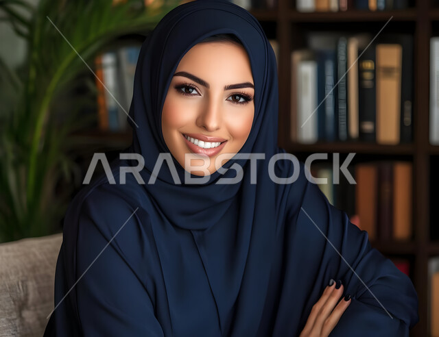 مفهوم الأنوثة والنعومة، الاهتمام بالأناقة والمظهر الخارجي، صورة مقربة لفتاة عربية خليجية سعودية محجبة مبتسمة تنظر الى الكاميرا بإيماءات السرور، زيارة المكتبات الجامعية، البيئة التعليمية في المملكة العربية السعودية