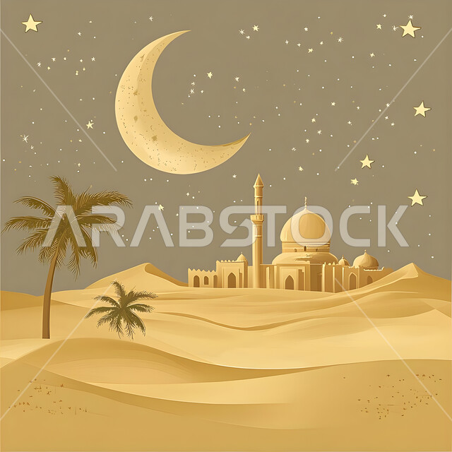 رسوم توضيحية ثلاثية الابعاد لمسجد بين اشجار النخيل وسط الهضاب والتلال، الأماكن الدينية الإسلامية في المناطق الصحراوية، الفن الهندسي المعماري على الطراز الحديث للمساجد، العبادة والتقرب إلى الله تعالى، منظر الهلال المضيء والنجوم اللامعة في السماء