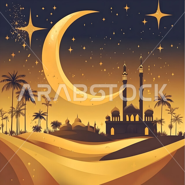 3D illustration of a mosque among palm trees in the middle of plateaus and hills, Islamic religious places in desert areas, modern architectural art of mosques, worship and getting closer to Allah Almighty, view of the shining crescent and bright stars in the sky