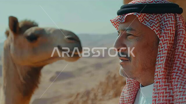 Natural reserves for camel grazing, interest in camel and dromedary breeding in the Arab Gulf countries, the association of the camel with antiquity and authenticity, livestock and mammal care in the Kingdom of Saudi Arabia, a close-up of a Saudi Arabian Gulf man wearing a traditional shemagh and thobe standing next to a purebred blonde camel