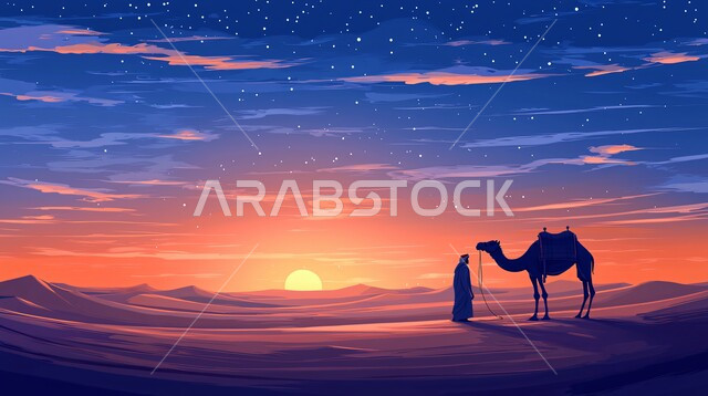  الاهتمام بتربية الجمال والابل في دول الخليج العربي، ارتباط حيوان الجمل بالعراقة والأصالة، رعاية المواشي والثدييات في المملكة العربية السعودية، صورة ظلية لرجل عربي خليجي سعودي يقف بجانب ناقة أصيلة وقت غروب الشمس، المحميات الطبيعية لرعي الجمال، سالوييت