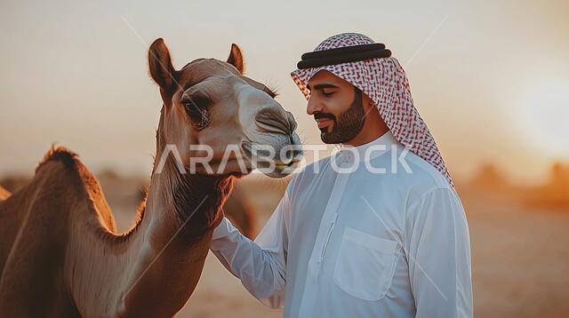 Natural reserves for camel grazing, interest in camel and dromedary breeding in the Arab Gulf countries, the association of the camel with antiquity and authenticity, livestock and mammal care in the Kingdom of Saudi Arabia, a close-up of a Saudi Arabian Gulf man wearing a traditional shemagh and thobe standing next to a purebred blonde camel