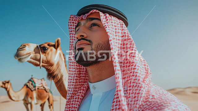  الاهتمام بتربية الجمال والابل في دول الخليج العربي، ارتباط حيوان الجمل بالعراقة والأصالة، رعاية المواشي والثدييات في المملكة العربية السعودية، صورة مقربة لرجل عربي خليجي سعودي يرتدي الشماغ والثوب التقليدي يقف بجانب ناقة شقراء أصيلة، المحميات الطبيعية لرعي الجمال