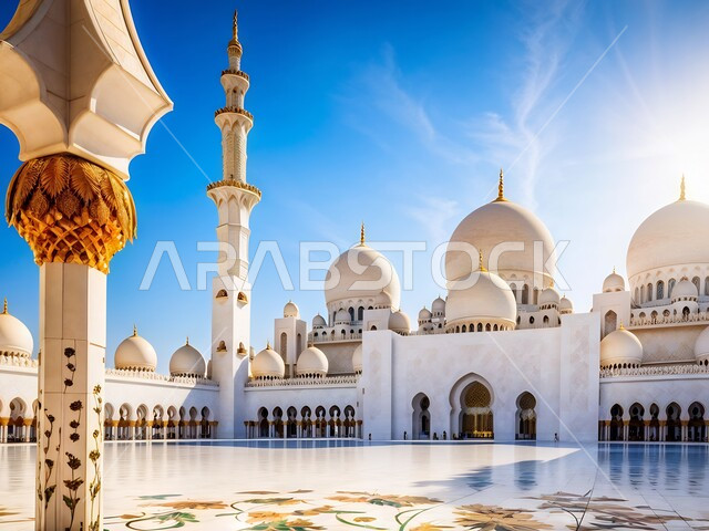 مسجد الشيخ زايد الكبير في إمارة أبو ظبي، الطراز الإسلامي الحديث لمساجد دولة الإمارات العربية المتحدة، أماكن العبادة والتقرب إلى الله تعالى، معالم إسلامية دينية مشهورة، الفن الهندسي المعماري في بناء القبب والمآذن البيضاء
