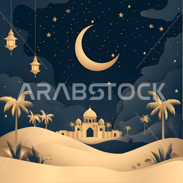  منظر الهلال المضيء والنجوم اللامعة في السماء، رسوم توضيحية ثلاثية الابعاد لمسجد بين اشجار النخيل وسط الهضاب والتلال، الأماكن الدينية الإسلامية في المناطق الصحراوية، الفن الهندسي المعماري على الطراز الحديث للمساجد، العبادة والتقرب إلى الله تعالى