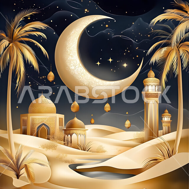 View of the bright crescent moon and shining stars in the sky, 3D illustration of a mosque among palm trees in the middle of plateaus and hills, Islamic religious places in desert areas, modern architectural art of mosques, worship and getting closer to Allah Almighty