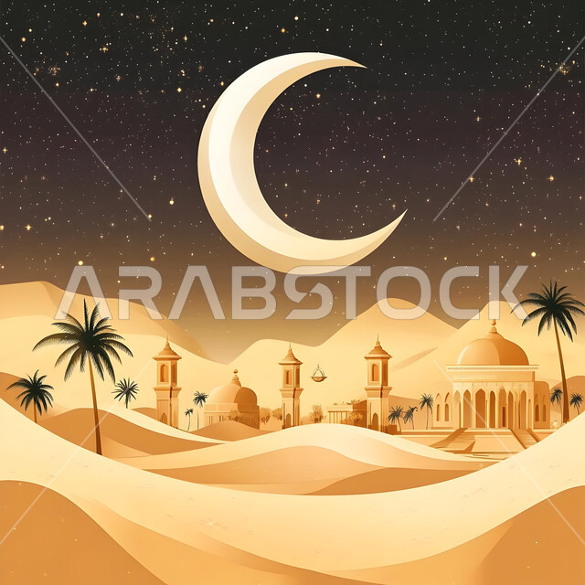  منظر الهلال المضيء والنجوم اللامعة في السماء، رسوم توضيحية ثلاثية الابعاد لمسجد بين اشجار النخيل وسط الهضاب والتلال، الأماكن الدينية الإسلامية في المناطق الصحراوية، الفن الهندسي المعماري على الطراز الحديث للمساجد، العبادة والتقرب إلى الله تعالى