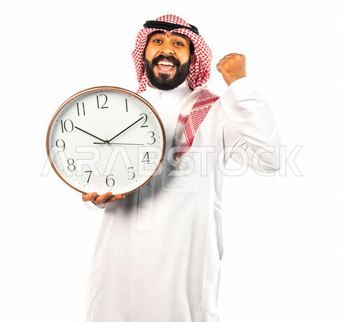 Portrait of a Saudi Gulf man holding a large digital watch with different face and hands gestures, white background of a Saudi man wearing traditional Saudi dress with shemagh and agal, concept of countdown, punctuality, constant reminders and alerts, wor