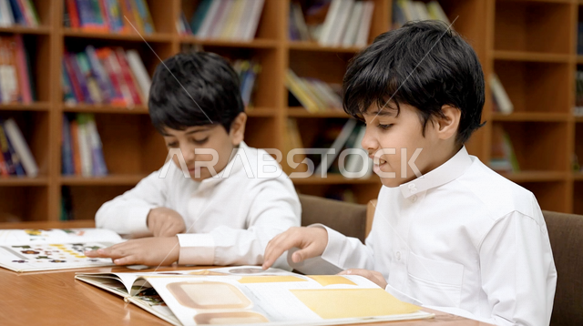 طالبان عربيان سعوديان خليجيان في المكتبة المدرسية، الاستمتاع بقراءة الكتب المدرسية، مكتبة المدرسة، تأدية الواجبات المدرسية، التعليم في المملكة العربية السعودية