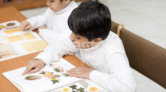 صورة لتلميذان عربيان خليجيان سعوديان يجلسان في الصف المدرسية، الاستمتاع بقراءة الكتب المدرسية، صف المدرسة، تأدية الواجبات المدرسية، التعليم في المملكة العربية السعودية