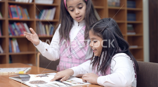 صورة لتلميذتان عربيتان خليجيتان سعوديتان تجلسان في المكتبة المدرسية، الاستمتاع بقراءة الكتب المدرسية، مكتبة المدرسة، تأدية الواجبات المدرسية، التعليم في المملكة العربية السعودية