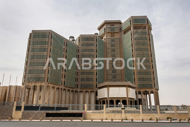 Mobile service provider, modern architectural style buildings, urban growth and development in Saudi Arabia, unfinished headquarters of the telecommunications company on King Saud Road in Riyadh, economic and commercial facilities