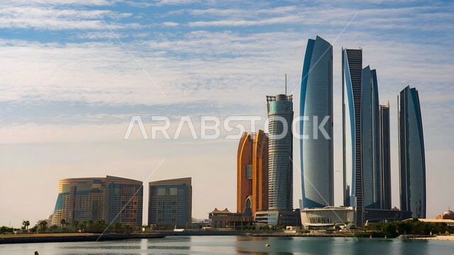 المدن والمعالم السياحية المشهورة، الفن الهندسي المعماري لأبراج الاتحاد وناطحات السحاب في مدينة أبو ظبي، أماكن جذب واستقطاب السائحين، الواجهة البحرية على ساحل الخليج العربي، التطور والتقدم العمراني للمباني والمنشآت في الإمارات العربية المتحدة