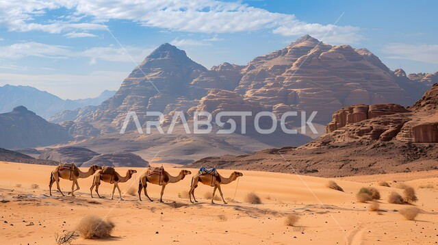 مجموعة من الجمال تسير فوق الكثبان الرملية الناعمة، استخدام الإبل في التنقل في صحاري المملكة العربية السعودية، المناظر الطبيعية والرمال الذهبية الناعمة، الحياة البدوية الشعبية التقليدية, أماكن سياحية صحراوية
