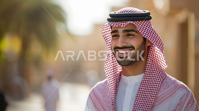 مفهوم الرجولة والقوة، تعابير الثقة بالنفس، صورة مقربة لرجل عربي خليجي سعودي يرتدي الشماغ والثوب التقليدي ينظر الى مكان ما بإيماءات السروروالسعادة، الاهتمام بالأناقة والمظهر الخارجي