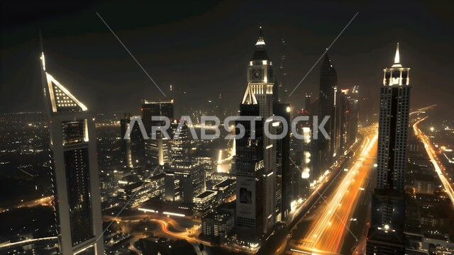 معالم دبي السياحية، النمو والتقدم والتوسع العمراني، الفن الهندسي المعماري للمباني والمنشآت السكنية والتجارية، منظر الأبراج وناطحات السحاب المضاءة ليلا، أماكن جذب واستقطاب السياح في الإمارات العربية المتحدة