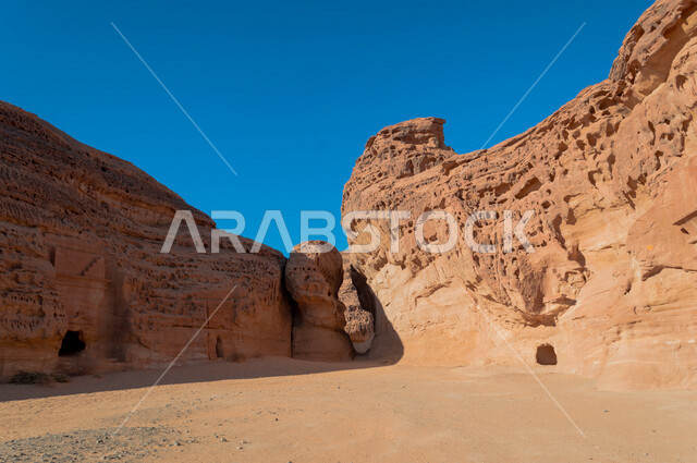 The historical beauty of Madain Saleh in Al-Ula, Saudi Arabia, the natural beauty of the rock formations, the ancient Arab civilization, archaeological tourist attractions in Saudi Arabia