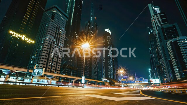 Architectural engineering art of residential and commercial buildings and facilities, Dubai tourist attractions, growth, progress and urban expansion, view of towers and skyscrapers illuminated at night, places of attraction and attraction of tourists in the United Arab Emirates