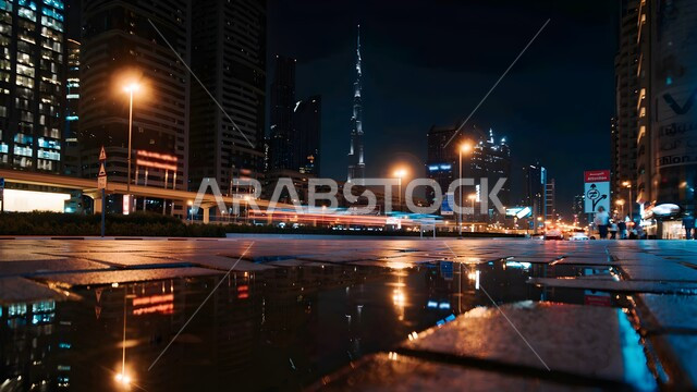 Growth, progress and urban expansion, architectural art of residential and commercial buildings and facilities, Dubai tourist attractions, view of towers and skyscrapers illuminated at night, places of attraction and attraction for tourists in the United Arab Emirates