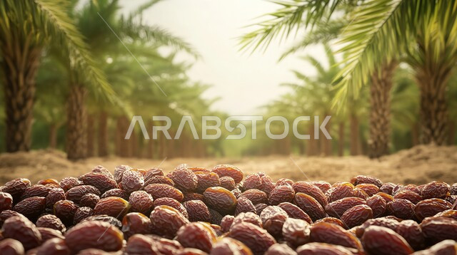 وجبة ذات قيمة غذائية عالية، حبات التمر الصحية المجففة في مزارع النخيل في المملكة العربية السعودية، ضيافة رمضانية شهية، محاصيل ومنتجات زراعية محلية وطنية، موسم حصاد التمور
