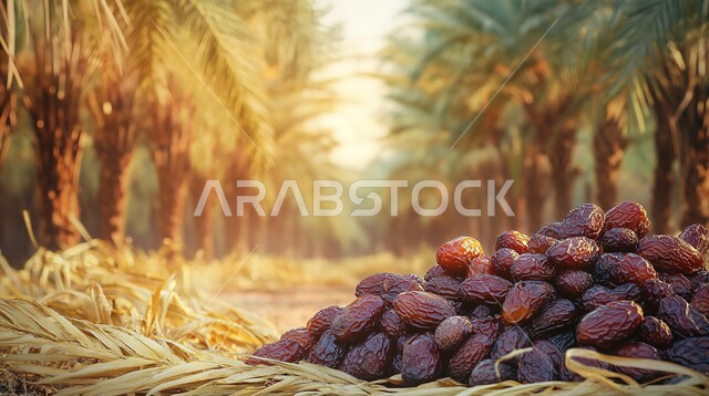 حبات التمر الصحية المجففة في مزارع النخيل في المملكة العربية السعودية، وجبة ذات قيمة غذائية عالية، ضيافة رمضانية شهية، محاصيل ومنتجات زراعية محلية وطنية، موسم حصاد التمور