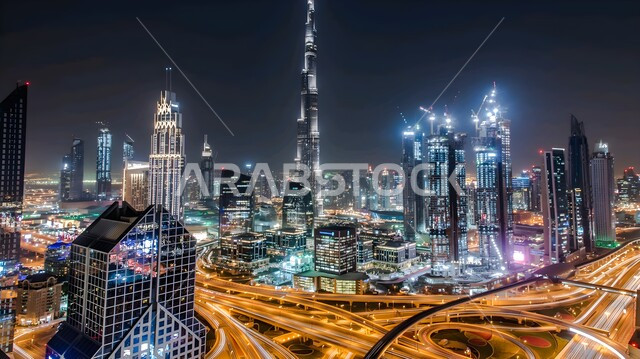 حركة المرور في الشوارع والطرقات في وقت المساء، التقدم والتوسع العمراني في الإمارات العربية المتحدة، الفن الهندسي المعماري للمباني والمنشآت السكنية، صورة جوية للأبراج وناطحات السحاب المضاءة ليلا، معالم دبي السياحية